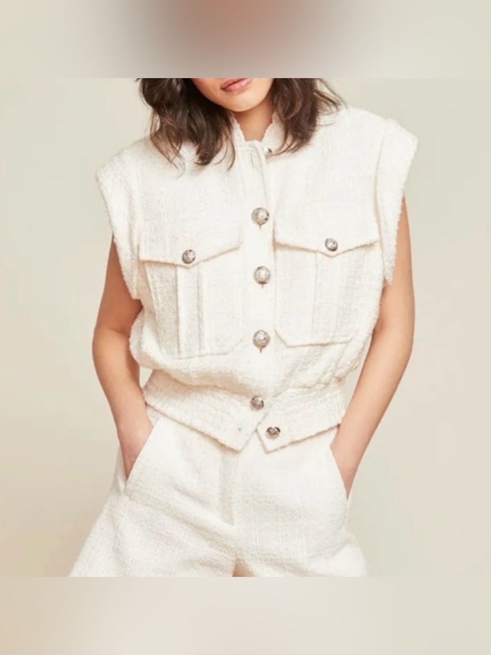 Veronica Beard Anastasia Bouclé Tweed‎ Sleeveless Button Vest Ivory Cream XL